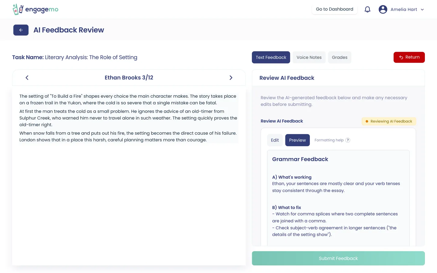 A teacher reviewing an AI-drafted feedback comment next to the student's essay, before sending it