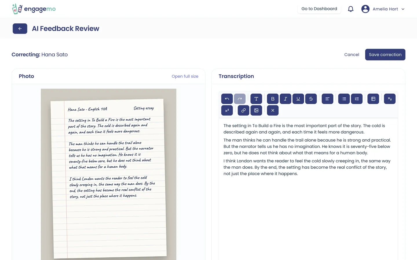 A photo of a handwritten essay on lined paper next to its editable transcription
