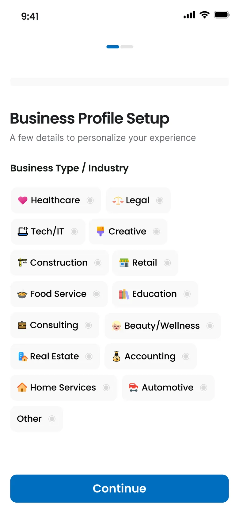 Business profile setup with a choice of industry
