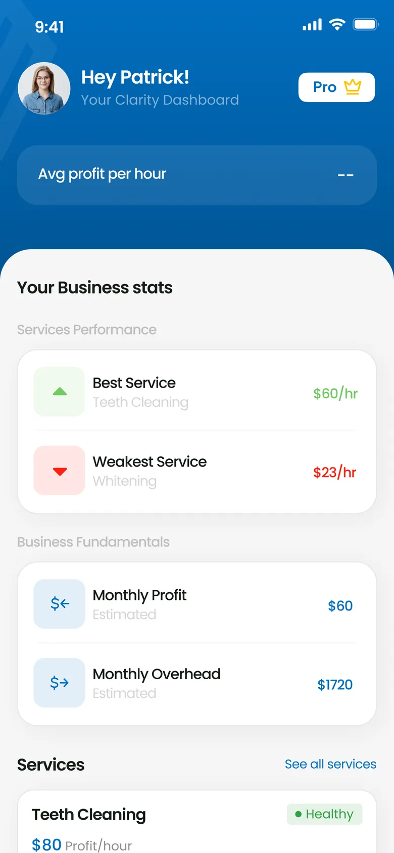 Dashboard with the best and weakest service, monthly profit and overhead, and AI reports