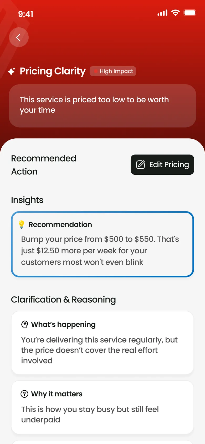 A pricing insight with the recommendation, the reasoning and the expected impact