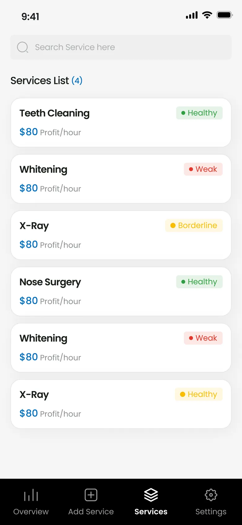 Services list with profit per hour and a health label for each
