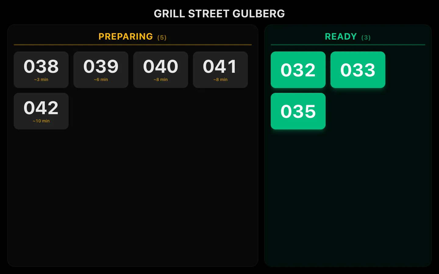 Kitchen display with order tokens in Preparing and Ready columns