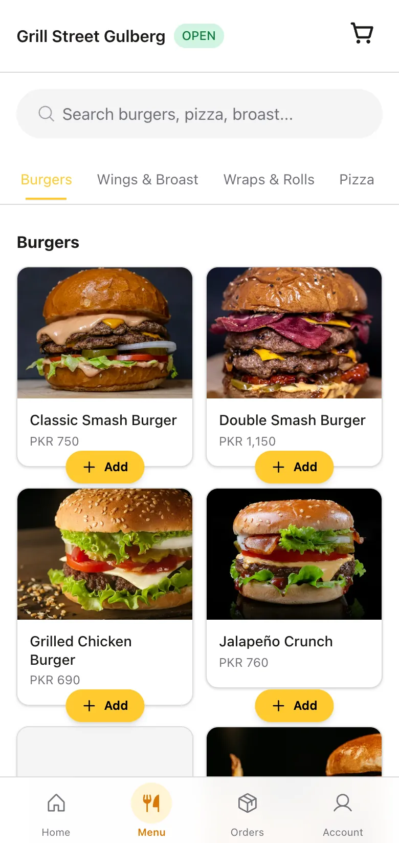A restaurant's online ordering page on a phone, with the menu by category