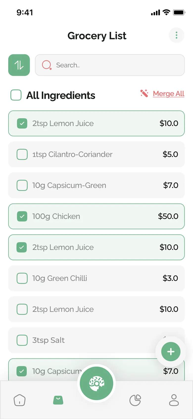 A grocery list with quantities, prices and a merge-duplicates action