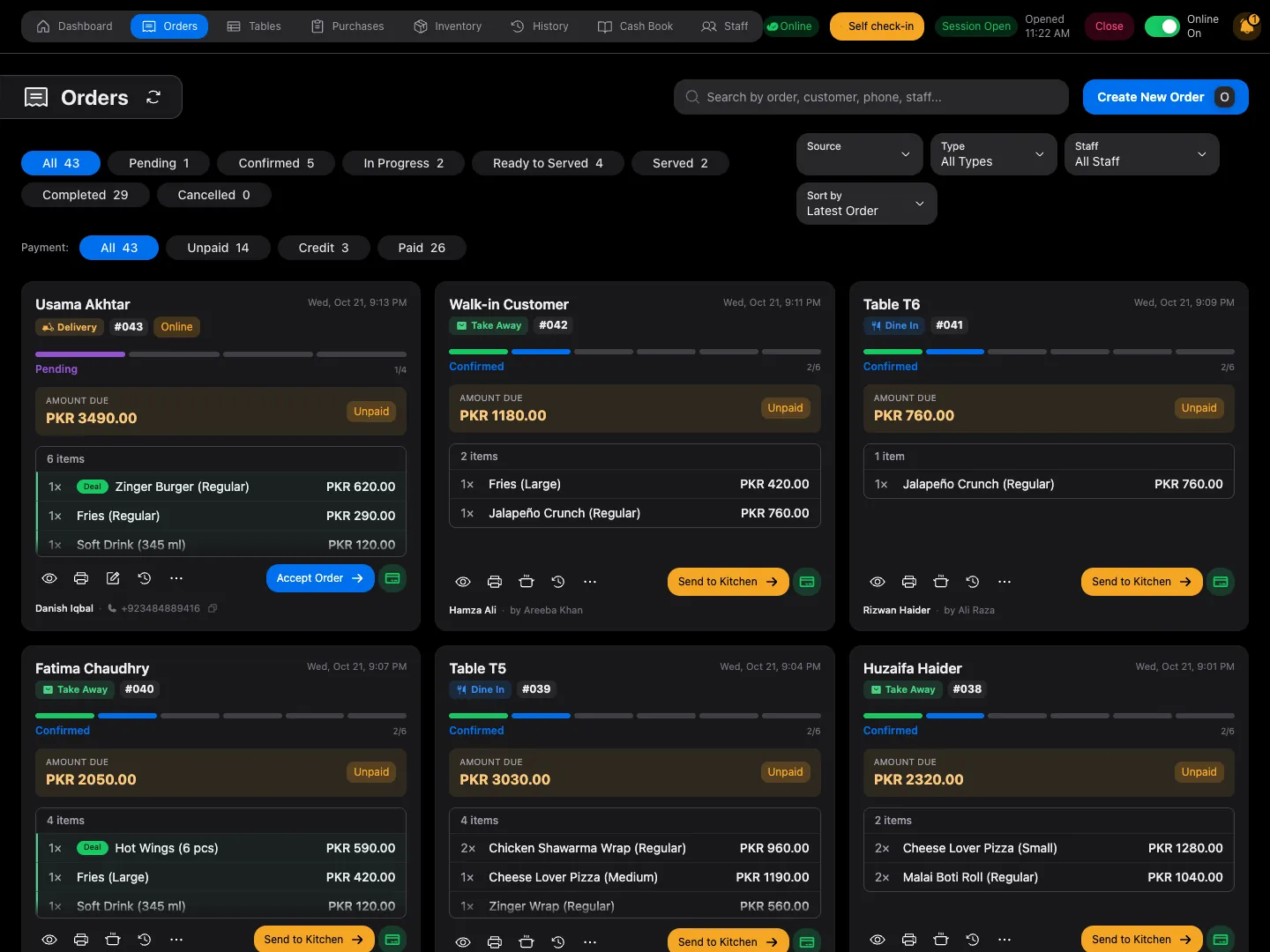 Munshi's orders board on a tablet, with dine-in, takeaway and delivery orders and their status