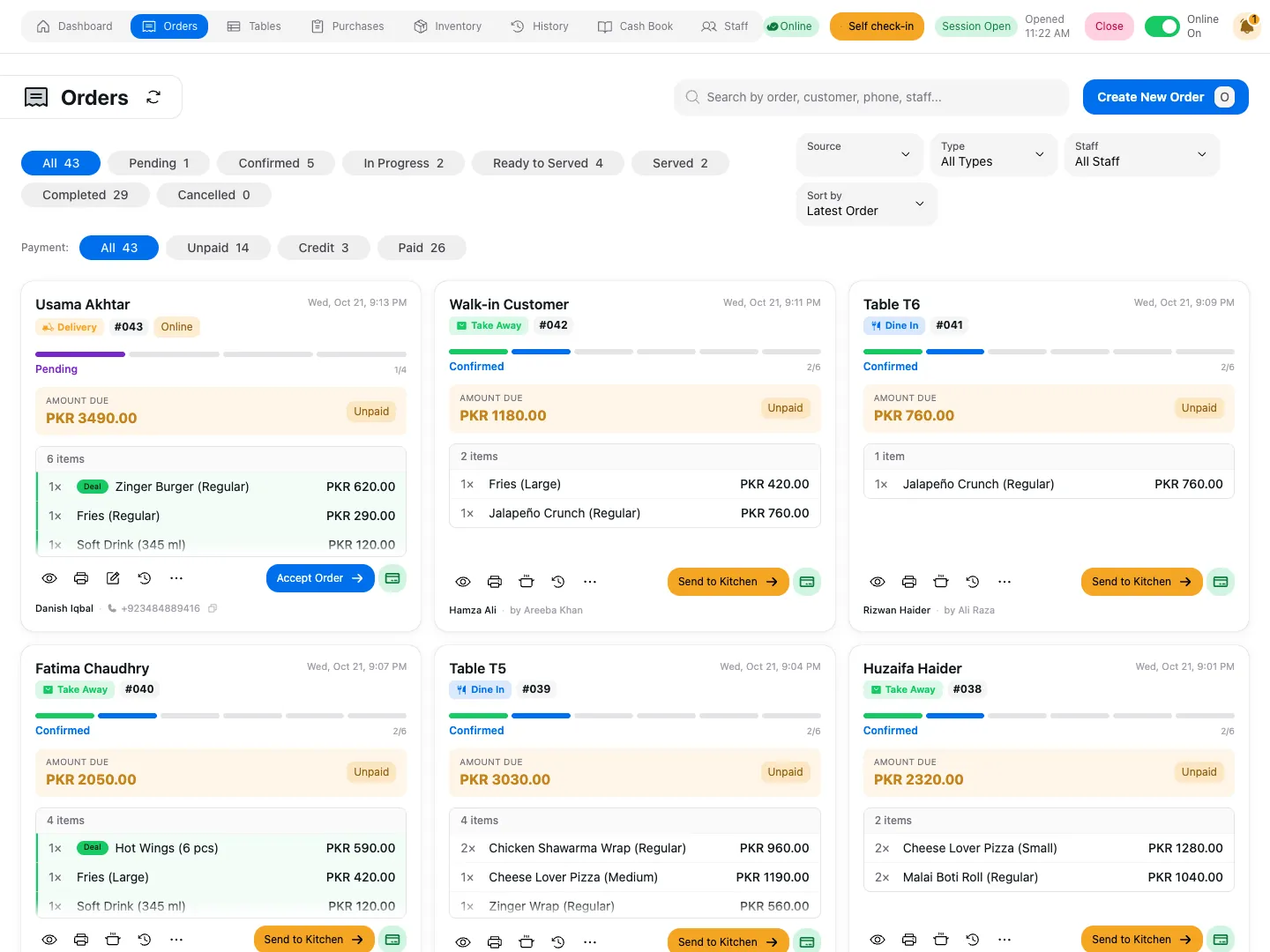 Munshi's orders board on a tablet, with dine-in, takeaway and delivery orders and their status