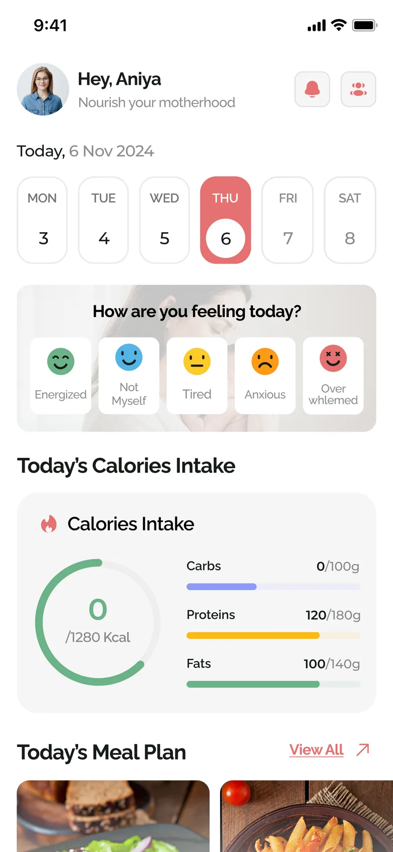 NourishWise home screen with a mood check-in, today's calories and macros, and the day's meal plan
