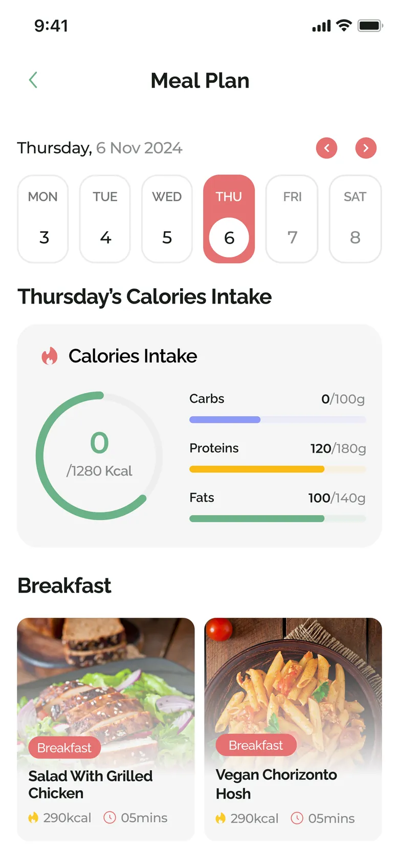 The day's meal plan with breakfast, lunch and dinner and calories for each