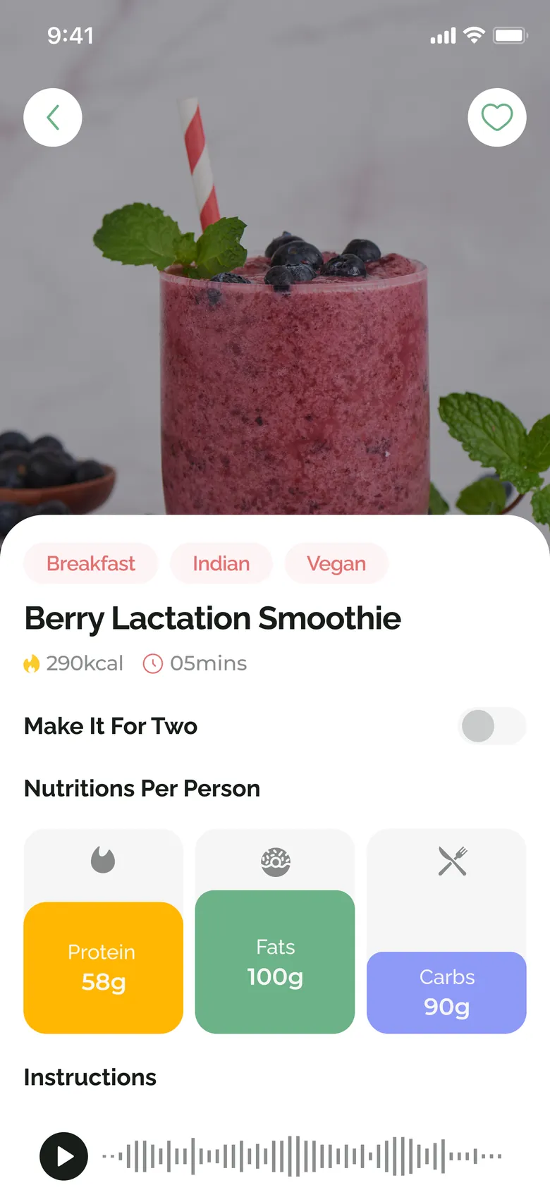 A recipe with nutrition per serving and step-by-step instructions